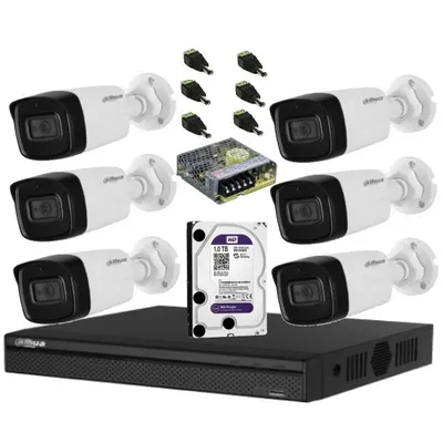 Sistem de supraveghere Dahua DH-6CEXT80MA-5MP HDCVI cu 6 camere de exterior de 5MP, 3.6mm, IR 80m, microfon
