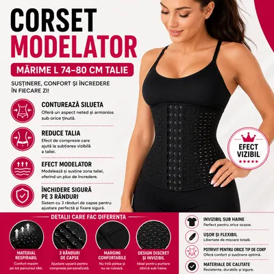 Corset modelator talie si abdomen, Lenjerie modelatoare, cu inchidere pe 3 randuri, Marime L 74-80 Cm Talie