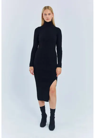 Rochie - Rochie tricotata midi - guler inalt - negru - tricot
