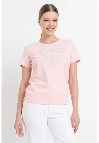 Tricou cu decolteu rotund si logo cu strasuri - Alb/Roz pastel/Argintiu