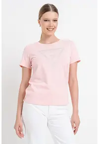 Tricou cu decolteu rotund si logo cu strasuri - Alb/Roz pastel/Argintiu