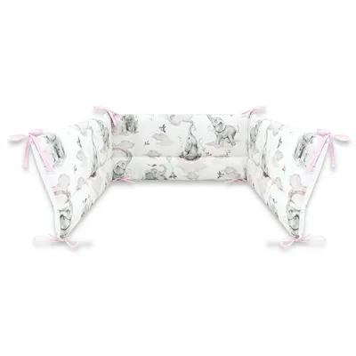 Aparatoare pentru patut, Qmini, Din bumbac certificat Oeko Tex Standard 100, 210x30 cm, Cu panglici, Elephants on Rainbow Pink