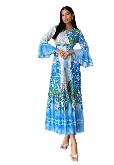 Rochie Maxi - guler in V - albastru - bumbac/poliester