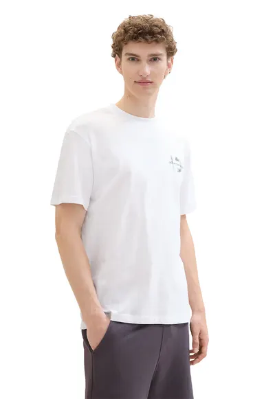 Tricou cu decolteu la baza gatului si imprimeu tropical pe spate - Alb/Turcoaz