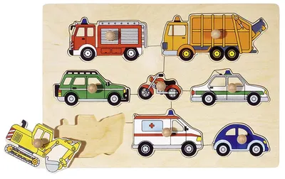 Puzzle din lemn cu manere Goki - Mijloace de transport, masini civile