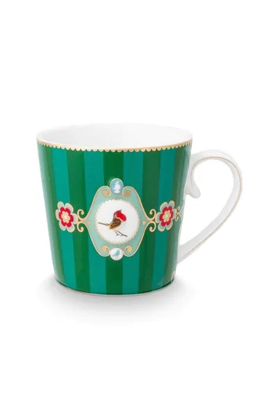 Cană din porțelan, colecția Love Birds, Medallion Stripes Emerald-Green, 250ml, Pip Studio
