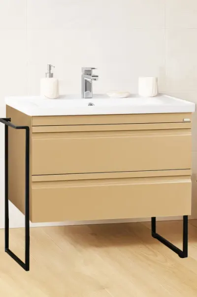 Set Baza front MDF si Lavoar seria 786, cadru metalic, cu sertare, montata, 80 cm, cappuccino