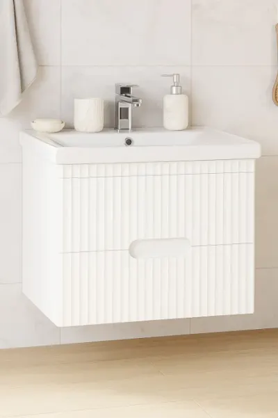 Set Baza front MDF si Lavoar seria 709, suspendata, cu sertare, 70 cm, alb