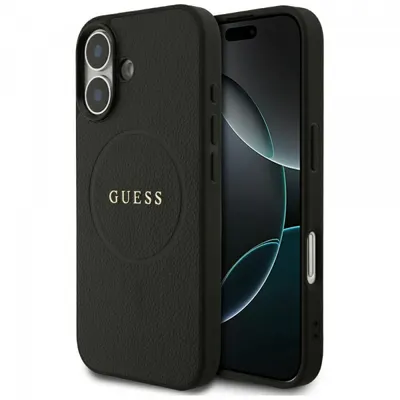 Husa MagSafe pentru Apple iPhone 17, Guess, Grained Gold Ring, Neagra