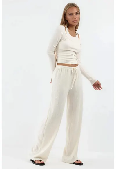 Pantaloni dama talie cu snur - alb - poliester-viscoza