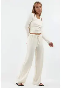 Pantaloni dama talie cu snur - alb - poliester-viscoza