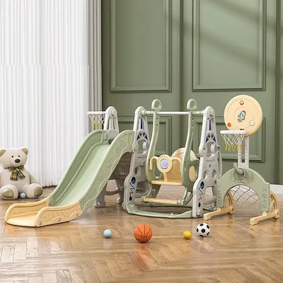 Spatiu de joaca 4in1 Nichiduta Garden Astronaut Green cu tobogan, leagan cu bara de protectie detasabila, jucarie muzicala, cos de baschet cu inaltime reglabila, minge si poarta de fotbal