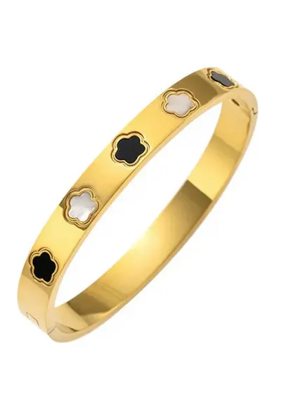 Bratara aurie - tip bangle - din otel inoxidabil - suflata cu aur 18k - cu trifoi - Eloria C7