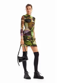 Rochie de plasa cu imprimeu - Maro inchis/Verde aquamarin/Verde sparanghel