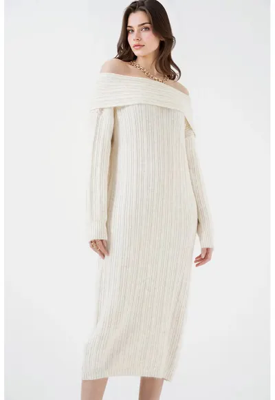 Rochie midi tricotata supradimensionata guler Madonna - amestec acrilic - poliester si lana - Fildes Natural