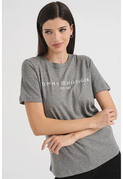 Tricou din bumbac cu imprimeu logo - Gri melange/Alb optic