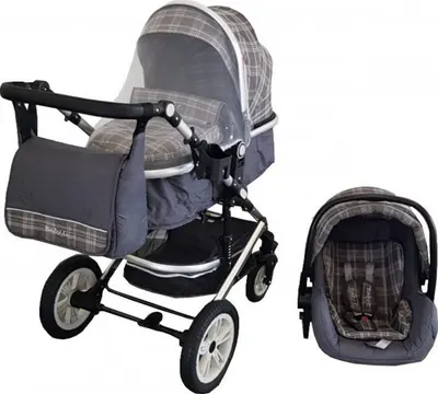 Carucior pentru copii Baby Care Pro 530 Gri Jeans Carouri 3 in 1 Transformabil, Cadru Aluminiu, Amortizoare, Roti din cauciuc, Spatar reglabil 3 trepte, Plasa insecte, Geanta