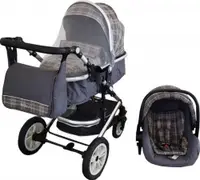 Carucior pentru copii Baby Care Pro 530 Gri Jeans Carouri 3 in 1 Transformabil, Cadru Aluminiu, Amortizoare, Roti din cauciuc, Spatar reglabil 3 trepte, Plasa insecte, Geanta