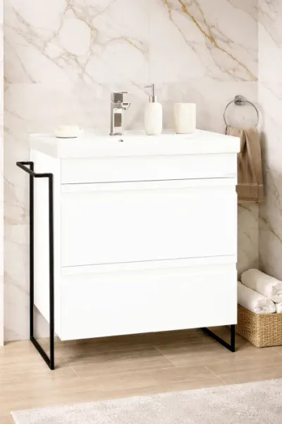 Set Baza front MDF si Lavoar seria 786, cadru metalic, cu sertare, montata, 65 cm, alb