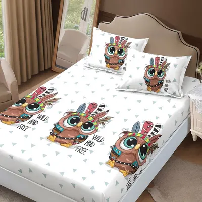 Cearceaf de pat cu elastic Somnart din finet cu imprimeu bufnite, pentru saltea de 160 x 200 cm cu 2 fete de perna