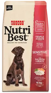 Hrana Uscata Caini Premium, NutriBest Adult Dog Sensitive, Somon si Orez, 15 kg