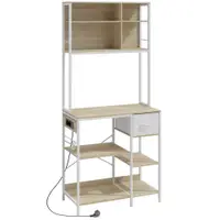 HOMCOM Etajeră de Bucătărie Suport pentru Cuptor cu Microunde cu Rafturi și 6 Cârlige pentru Spații Reduse 80x40x181 cm Stejar | Aosom Romania