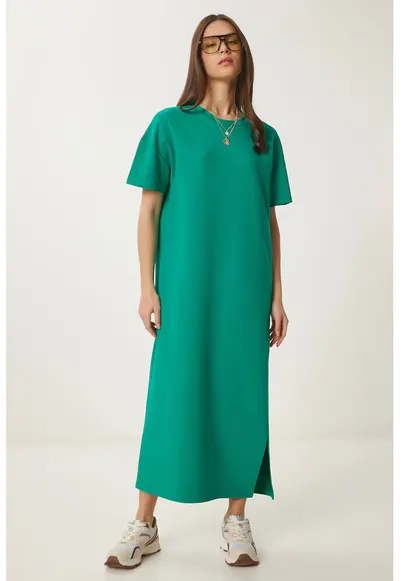 Rochie midi - Happiness Istanbul - verde - bumbac - cu slit - maneca scurta