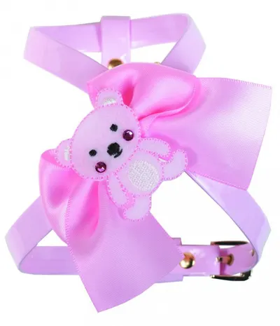 Ham Teddy, roz, din piele ecologica, cu funda si ursulet Teddy, circumferinta piept 31-35 cm x circumferinta gat 26 cm