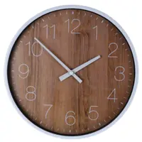 Ceas decorativ de perete, cu aspect de lemn și ramă albă, design modern