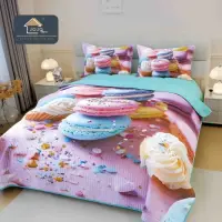 Cuvertura Matlasata, Bumbac Finet, cu Imprimeu 5D, 220x240cm + 2 fete de perna 50x70cm, Bleu, Roz, Macarons