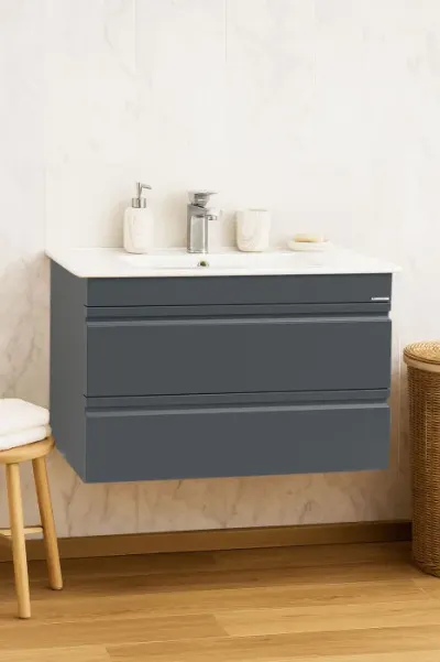 Set Baza front MDF si Lavoar seria 086, suspendata, cu sertare, montat, 80 cm, antracit