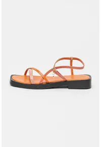 Sandale flatform din piele cu toc patrat - Coral/Portocaliu mandarina