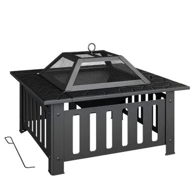Outsunny Focar Exterior Pătrat din Oțel 67x67x47 cm Focar de Grădină cu Atizor Capacul din Plasă pentru Petreceri Negru | Aosom Romania