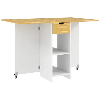 HOMCOM Masă Pliabilă, Masă Rabatabilă pentru 2-4 Persoane cu Sertar, 2 Rafturi și 2 Roți, 114,5x70x75 cm, Stejar | Aosom Romania