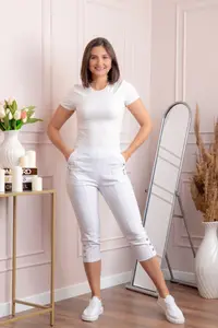 Pantaloni dama 3 4 Jenny albi cu talie elastica si fermoare decorative