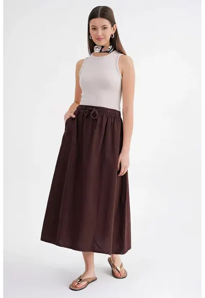 Fusta din poplin cu talie inalta - maro cafea - textil