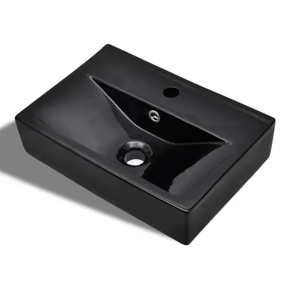 vidaXL Chiuvetă baie loc robinet/preaplin negru ceramic dreptunghiular