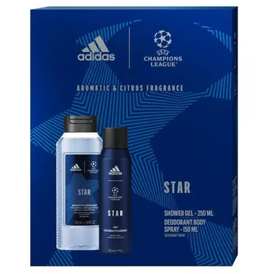 Set Cadou Barbati Adidas Uefa Star, Gel de Dus 250 ml, Deodorant Spray 150 ml
