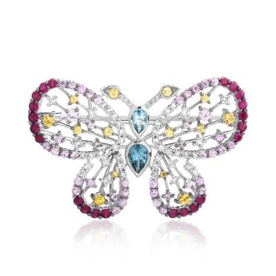 Brosa fluture din aur alb cu pietre pretioase si semipretioase de 4.59ct