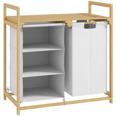 HOMCOM Coș pentru Rufe cu 2 Saci Detașabili, Dulap pentru Rufe de Baie cu Mânere și Raft din Bambus, 70x36x70 cm, Alb | Aosom Romania
