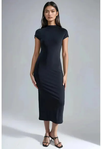 Rochie Midi Slim Fit - Guler Rotund - Negru - Jerseu