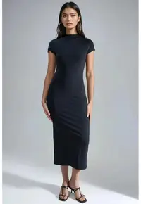 Rochie Midi Slim Fit - Guler Rotund - Negru - Jerseu