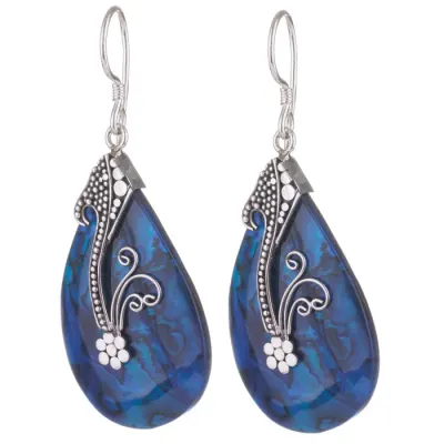 Cercei din argint 925 cu scoica naturala paua shell albastra si decoratiune florala de argint