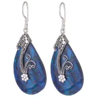Cercei din argint 925 cu scoica naturala paua shell albastra si decoratiune florala de argint