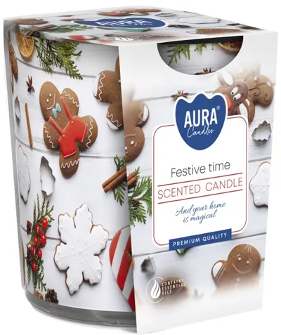 lumânare parfumată într-o cană Bispol Aura - Festive Time, 100 g