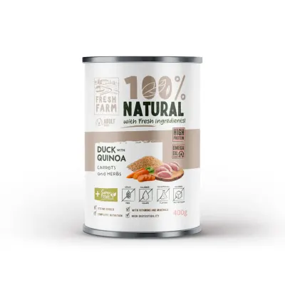 FRESH FARM Coarse, XS-XL, Rață și Quinoa, conservă hrană umedă fără cereale câini, (pate), 400g