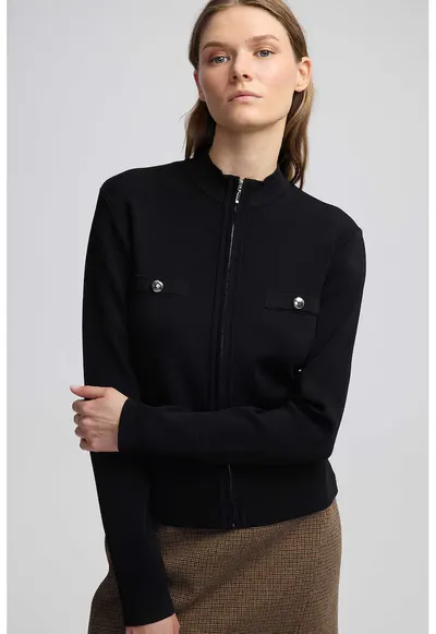 Cardigan cu nasturi decorativi si fermoar - Negru