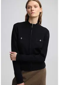 Cardigan cu nasturi decorativi si fermoar - Negru