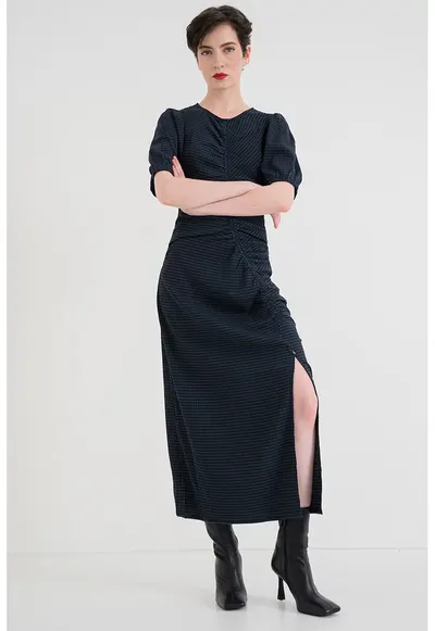 Rochie lunga cu slit lateral - Albastru petrol