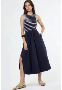 Rochie Midi Femei Albastru Marin - Casual - Fara Maneci - Guler Rotund -